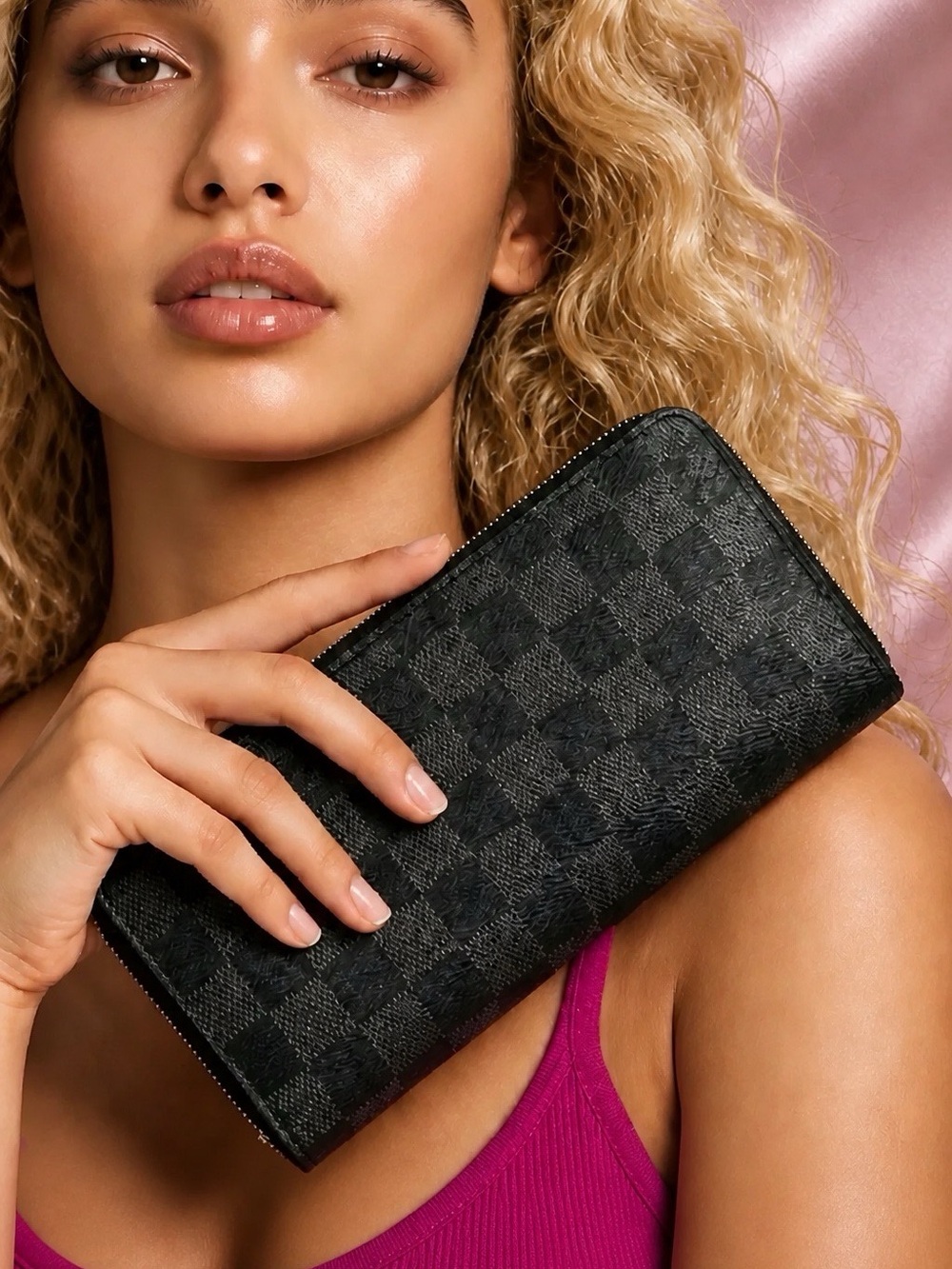 Large Vegan PU Checkered Black & Grey Zippered Wallet. Lots of room! Brand New!